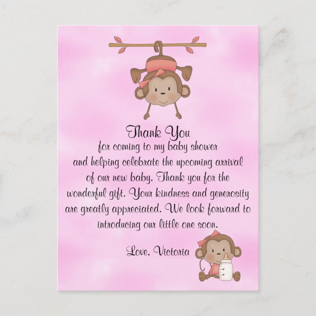 Baby Shower Baby Girl Monkey Postcard (Front)