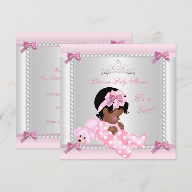 Baby Shower Baby Girl Pink Bear African American Invitation (Front/Back)