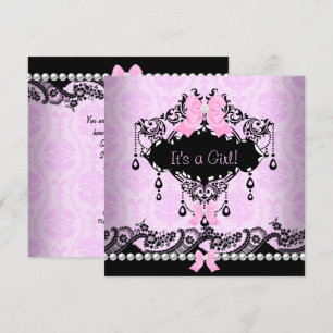 Baby Shower Baby Girl Pink Black Damask Bow Invitation