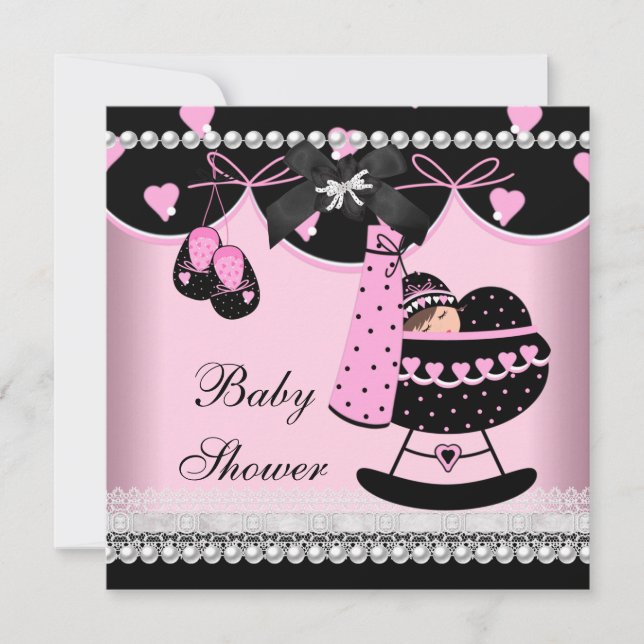 Baby Shower Baby Girl Pink Black Pearl Lace Invitation (Front)