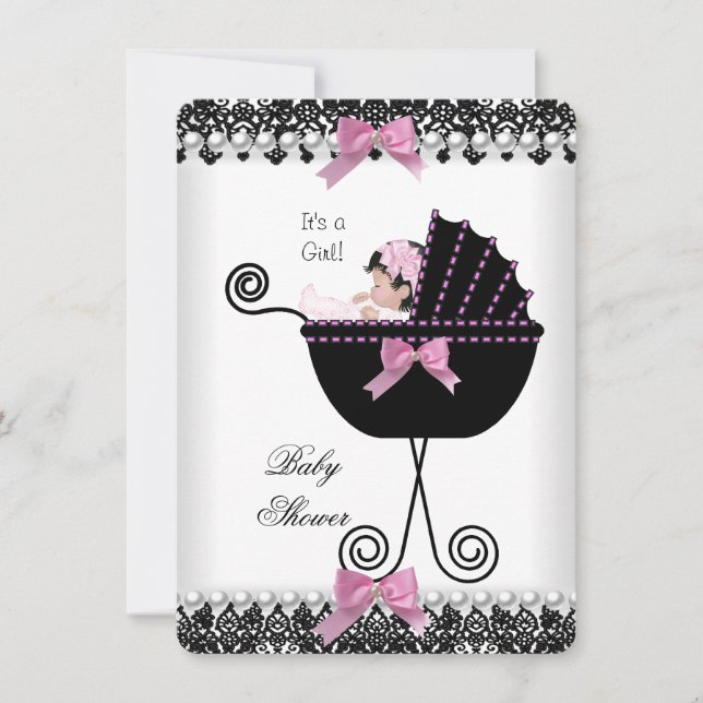 Baby Shower Baby Girl Pink Black White Lace Invitation (Front)