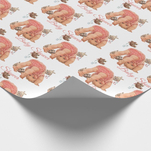 Baby Shower Baby Girl Pink Ruffled Panties Bear Wrapping Paper (Corner)
