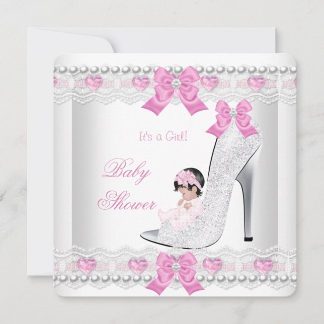 Baby Shower Baby Girl Pink White Lace Heart Shoe Invitation (Front)