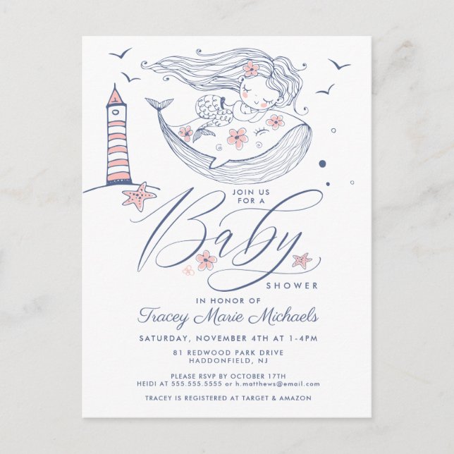 BABY SHOWER | Baby Girl Whale Mermaid Beach Postcard (Front)