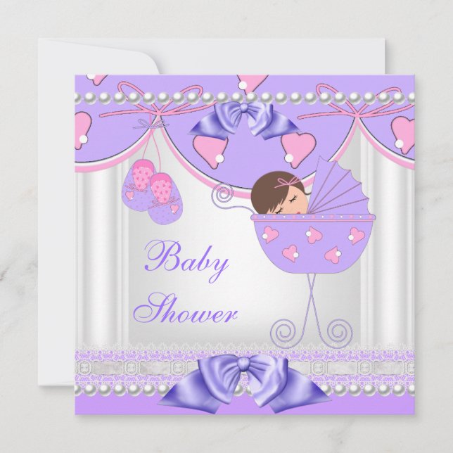 Baby Shower Baby Girl White Pink Purple Pearl Lace Invitation (Front)