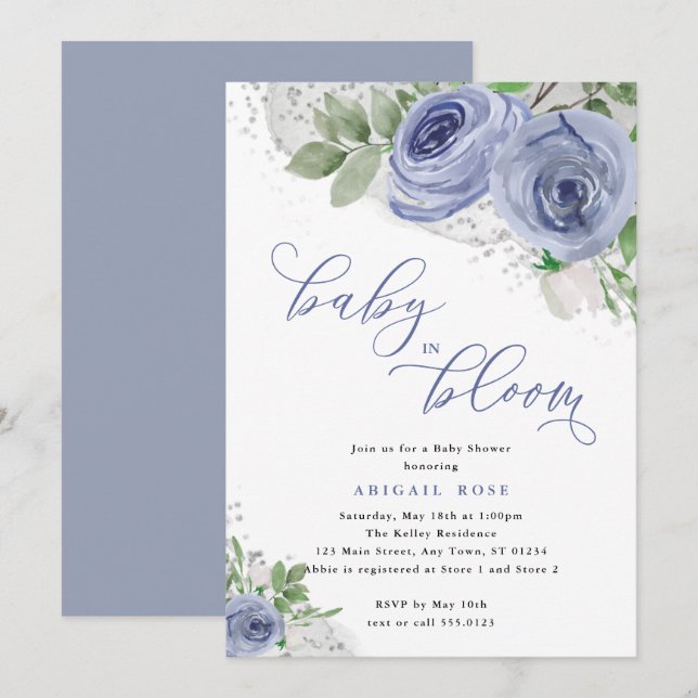  Baby Shower Baby in Bloom, Blue & Silver Flowers Invitation (Front/Back)