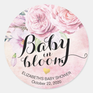 Baby Shower Baby in Bloom Boho Flowers & Feathers Classic Round Sticker