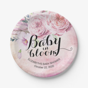 Baby Shower Baby in Bloom Boho Flowers & Feathers Paper Plate