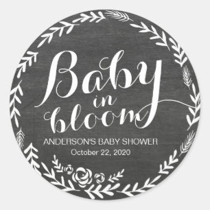 Baby Shower Baby in Bloom Floral Frame Chalkboard Classic Round Sticker