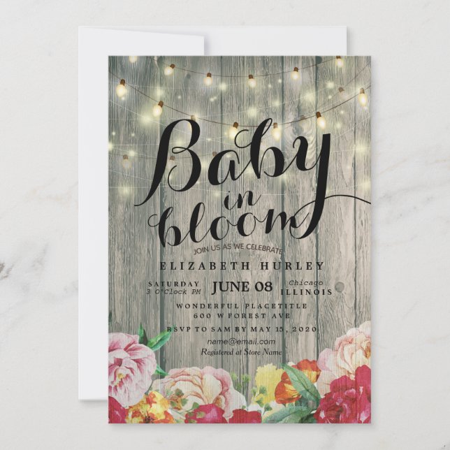 Baby Shower Baby in Bloom Flower String Light Wood Invitation (Front)