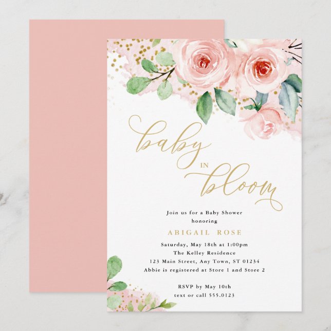  Baby Shower Baby in Bloom, Pink Gold Floral Invitation (Front/Back)