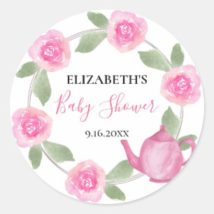 Baby Shower Baby is Brewing Pink Teapot Floral Classic Round Sticker
