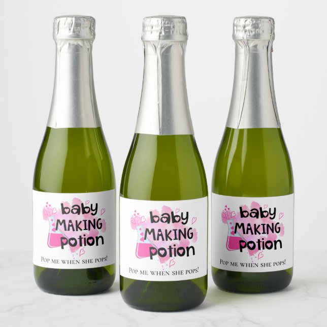 Baby Shower Baby Making Potion Favour Pink Hearts Sparkling Wine Label (Bottles)