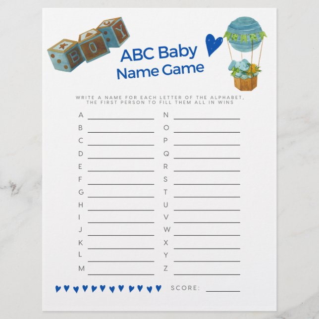 Baby Shower Baby Name Game Baby Boy Trendy Fun  (Front)