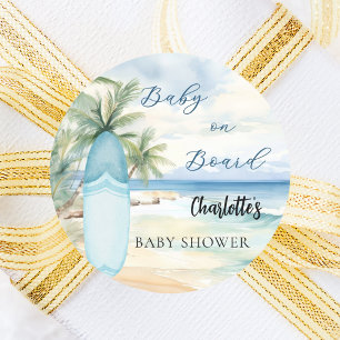 Baby shower baby on board surfboard classic round sticker