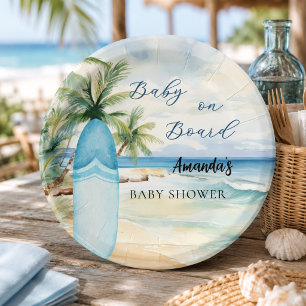 Baby shower baby on board surfboard paper plate