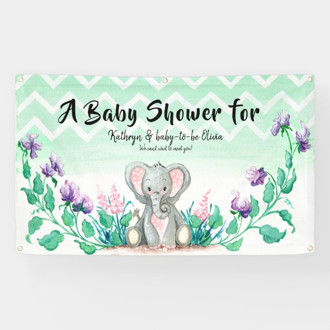 Baby Shower Banner Cute Elephant Floral Garden (Horizontal)