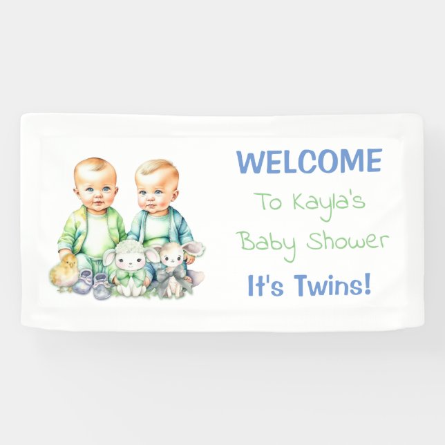 Baby Shower Banner for Twin Boys Blue and Green (Horizontal)