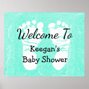 Baby Shower Banner Poster  Teal Foot Prints