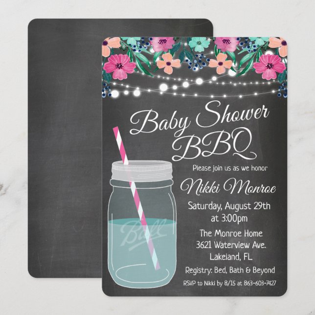 Baby Shower BBQ Mason Jar Invitation (Front/Back)