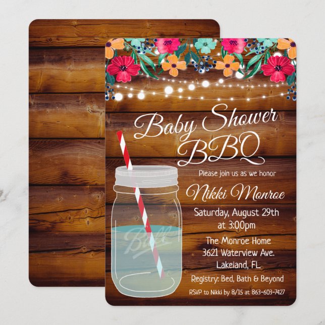 Baby Shower BBQ Mason Jar Invitation (Front/Back)