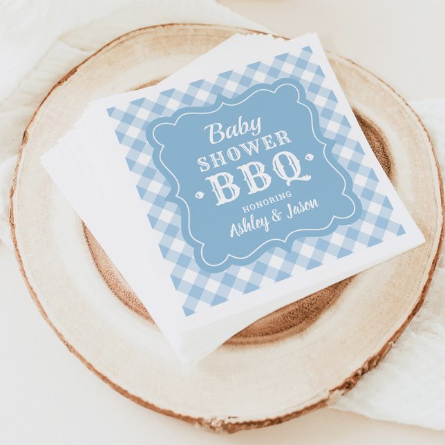 Baby Shower BBQ Pale Blue and White Gingham Plaid Napkin (Creator Uploaded)