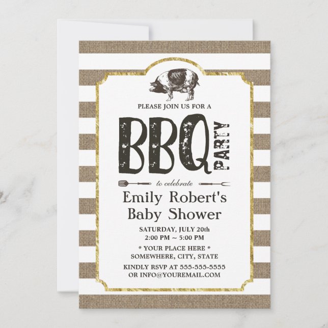 Baby Shower BBQ Rustic Burlap Stripes Invitation (Front)