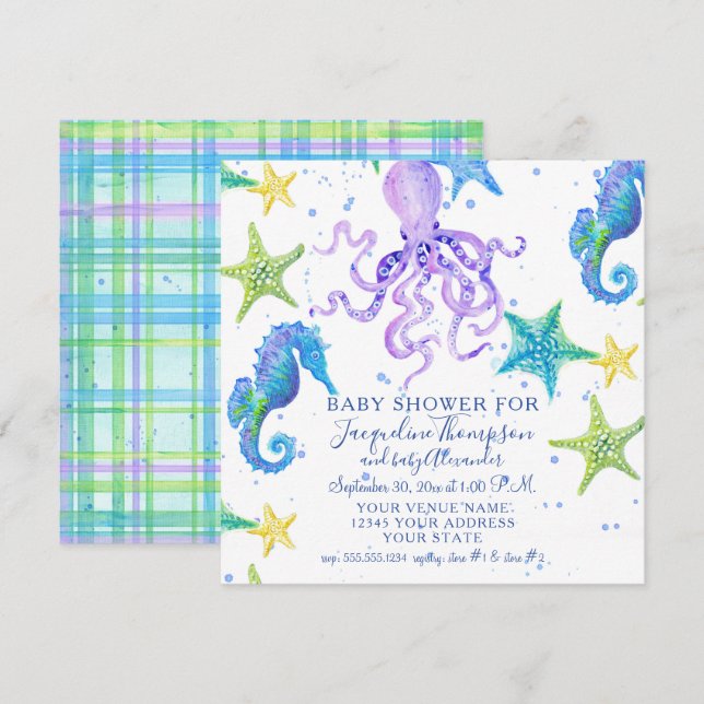 Baby Shower Beach Starfish Octopus Seahorse Plaid Invitation (Front/Back)