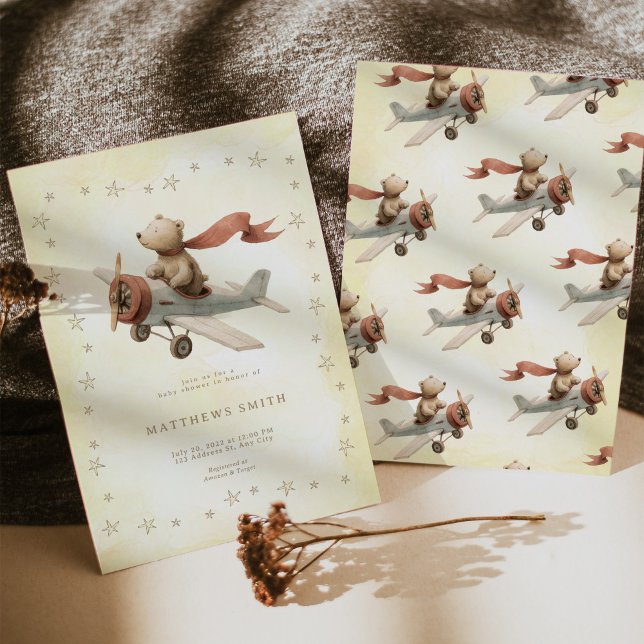 Baby Shower Bear Aeroplane Invite (Baby Bear Pilot Vintage Airplane Stars Baby Shower Invitation)