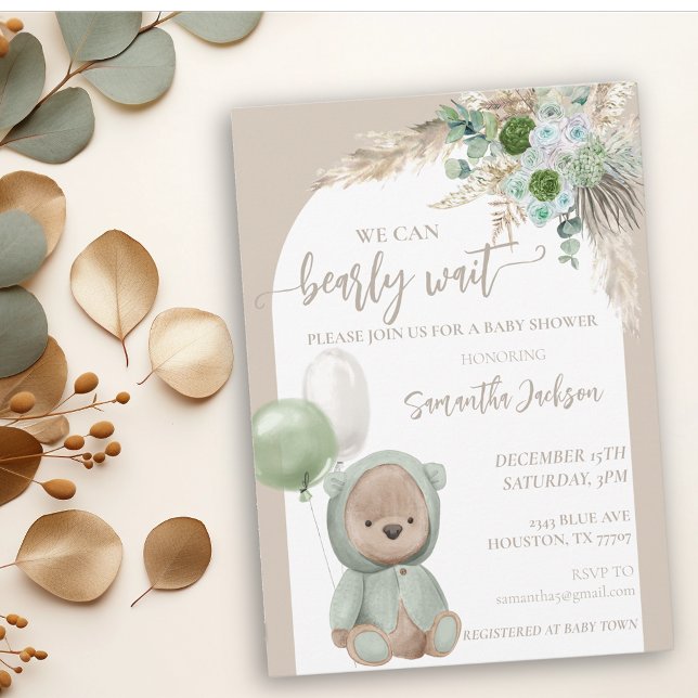 Baby Shower Bearly Wait Green Boho Bear   Invitation (Creator Uploaded)
