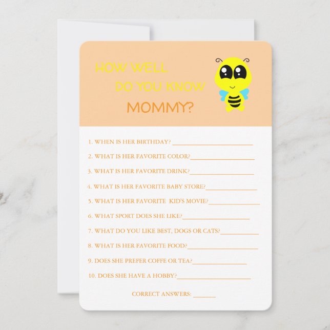 Baby Shower, Bee, How Well Do You Know Mum Card (Front)