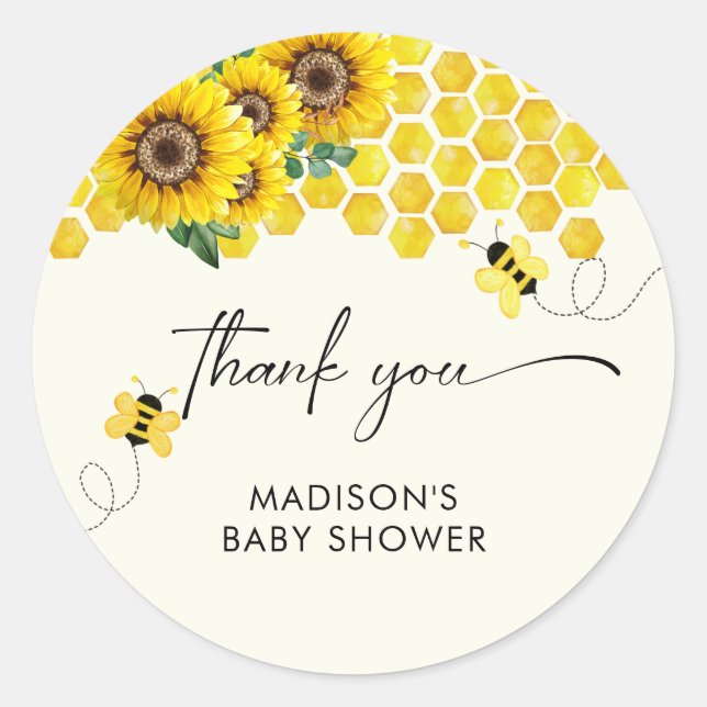 Baby Shower Bee & Sunflower  Classic Round Sticker (Front)