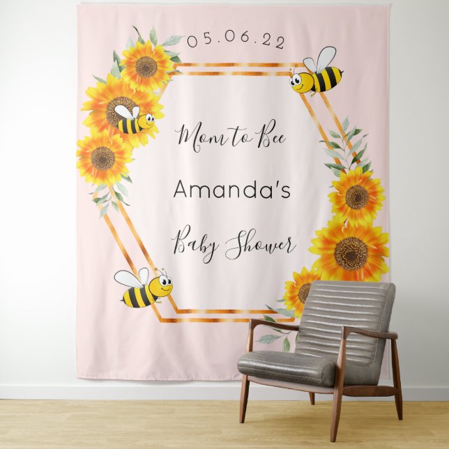 Baby Shower bee sunflowers rose gold pink Tapestry (In Situ)