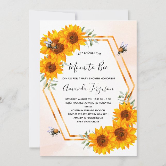 Baby shower bee sunflowers white rose gold  invitation (Front)