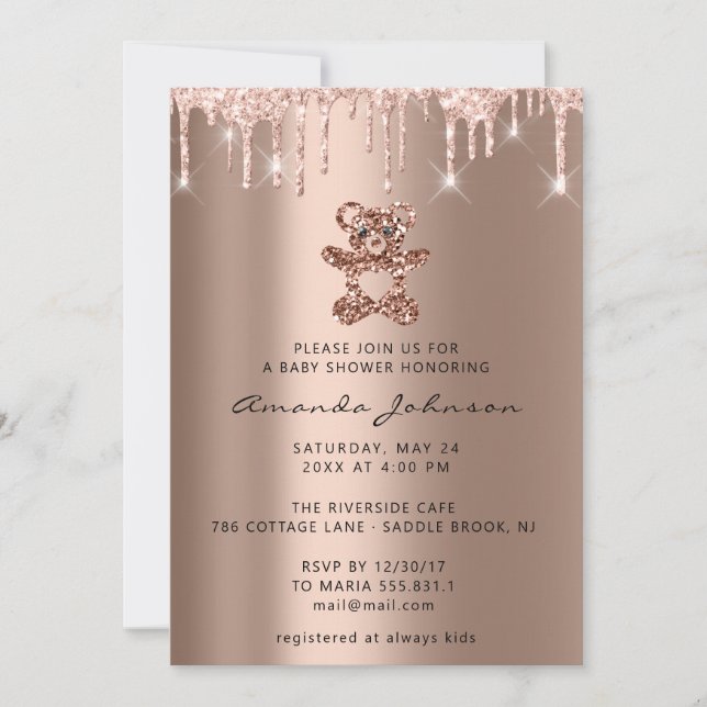 Baby Shower Beer Glitter Rose Gold Drips  Boy Girl Invitation (Front)