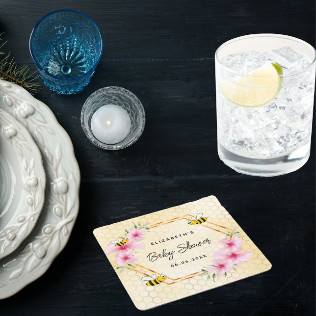 Baby Shower bees honeycomb pink flowers Square Paper Coaster (Creator Uploaded)