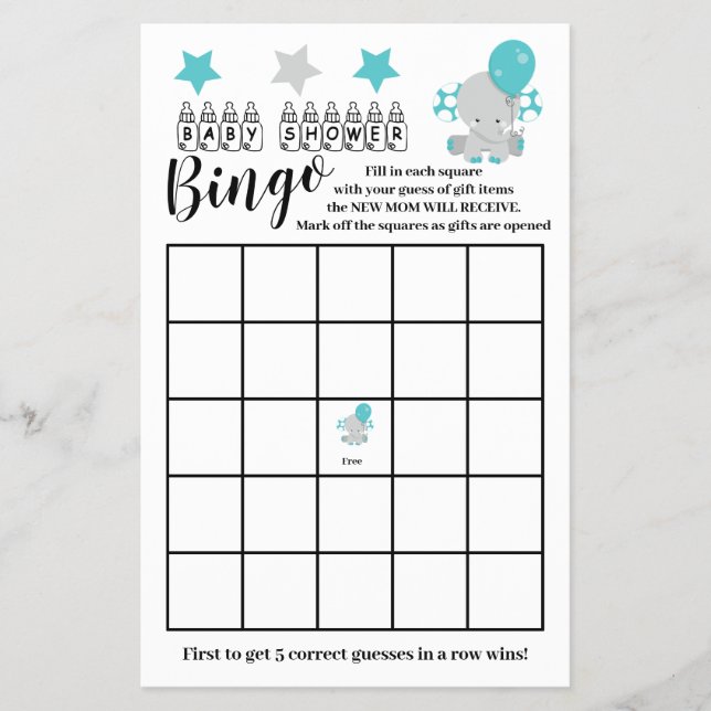 Baby Shower  Bingo Blue Elephant  Boy Game Card (Front)