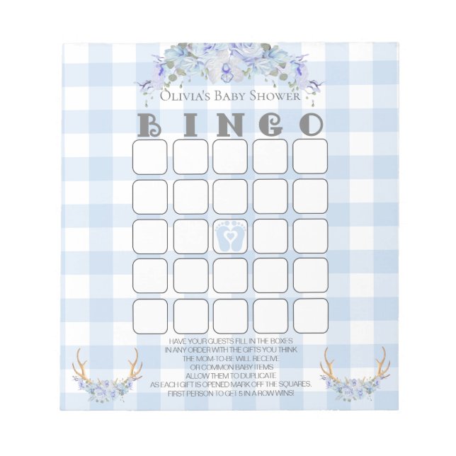 Baby Shower Bingo BOHO Baby Blue Gingham Notepad (Front)