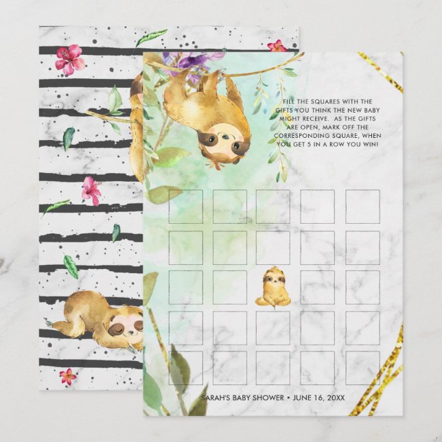 Baby Shower Bingo Card | Tropical Sloth (Front/Back)