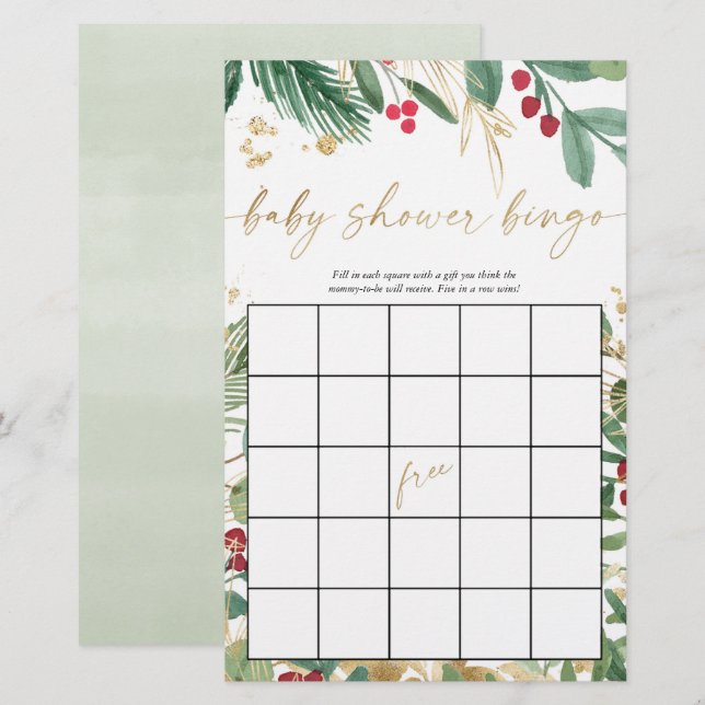 Baby shower bingo christmas holiday greenery gold (Front/Back)