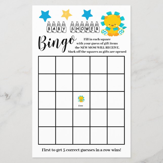 Baby Shower Bingo Colourful Lion Game Card  (Front)