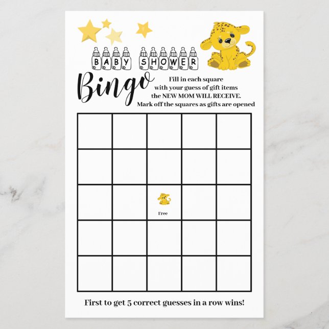 Baby Shower Bingo Colourful Tiger Game Card  (Front)