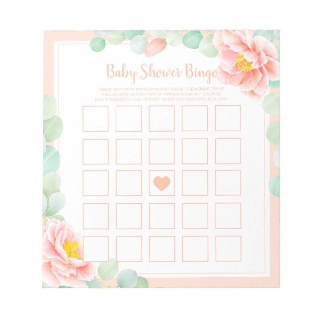 Baby Shower Bingo Eucalyptus Foliage Peony Peach Notepad (Front)