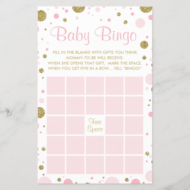 Baby Shower Bingo, Faux Confetti, Pink, Gold Flyer (Front)