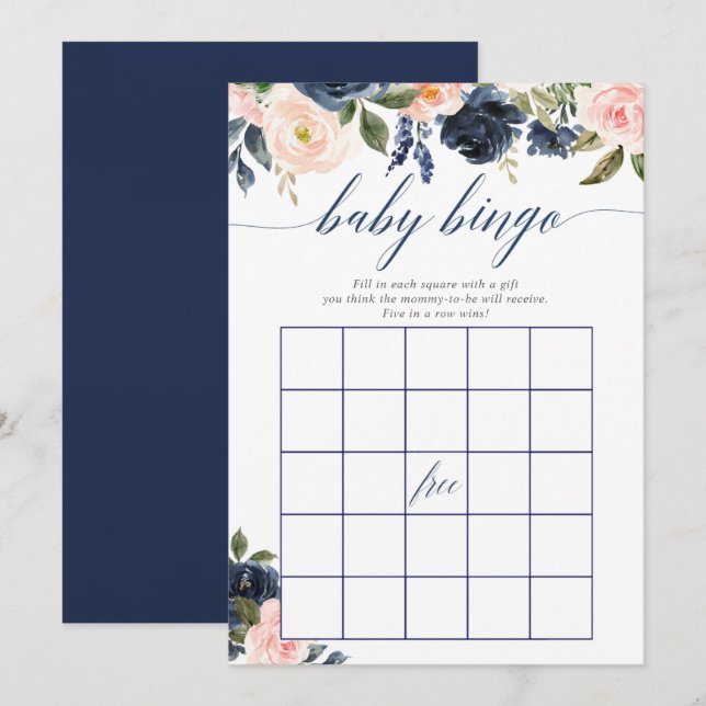 Baby shower bingo game Blush pink navy blue floral Invitation (Front/Back)