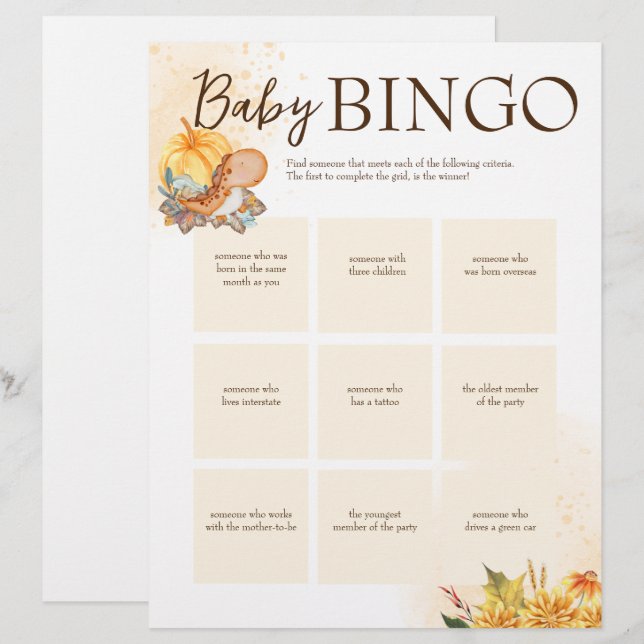 Baby shower bingo game brown personalised template custom letterhead (Front/Back)