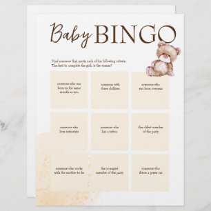 Baby shower bingo game brown personalised template custom letterhead