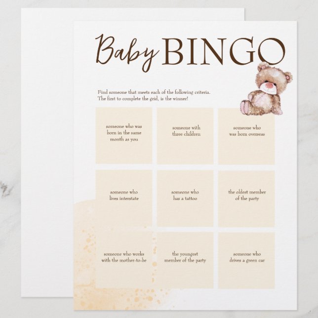 Baby shower bingo game brown personalised template custom letterhead (Front/Back)