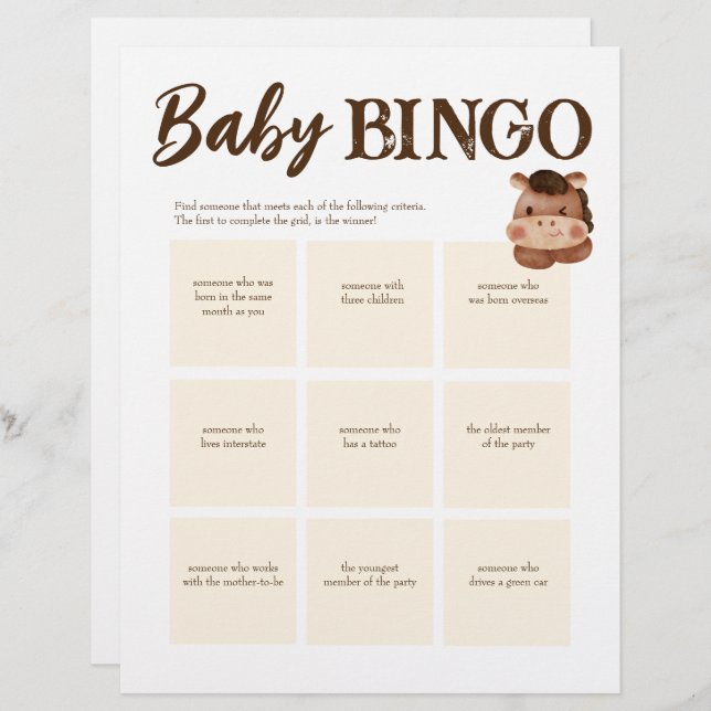 Baby shower bingo game brown personalised template custom letterhead (Front/Back)