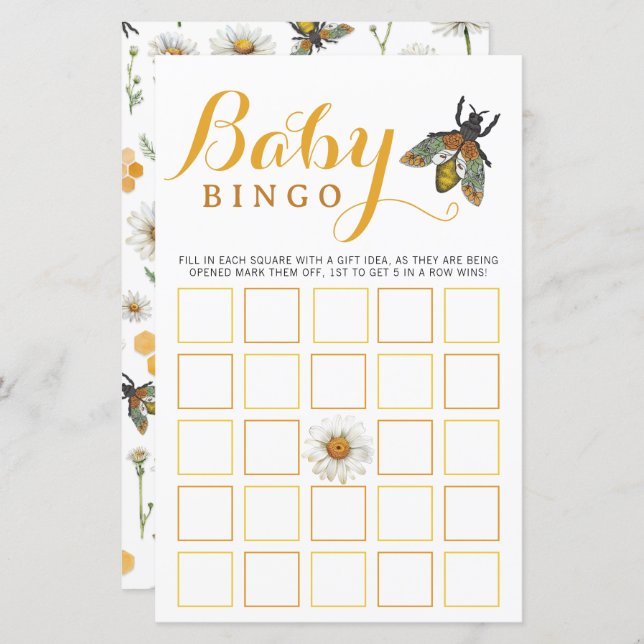 Baby Shower Bingo Game | Bumblebee Honey Bee Theme (Front/Back)